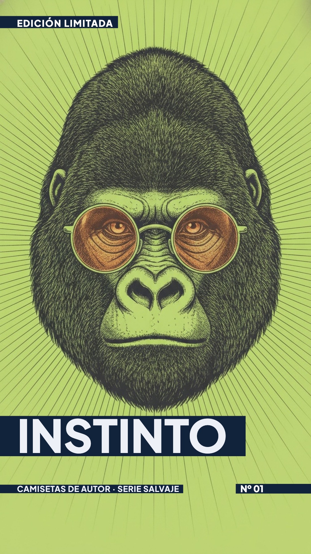 Portada vertical de Camijetas diseñada por Gargot: ilustración linocut de un gorila con gafas sobre fondo verde lima y el título «Instinto».